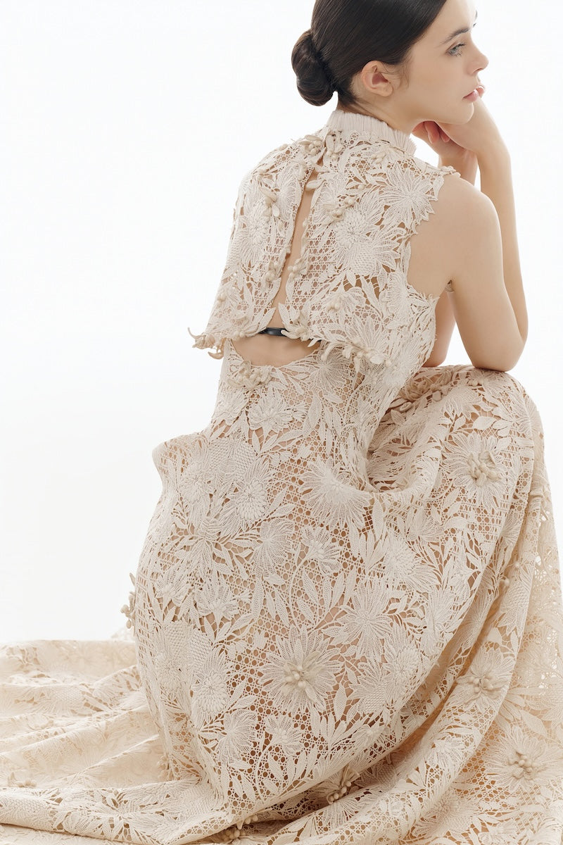 BEIGE FLOWER BEADED MAXI DRESS - CULT MIA
