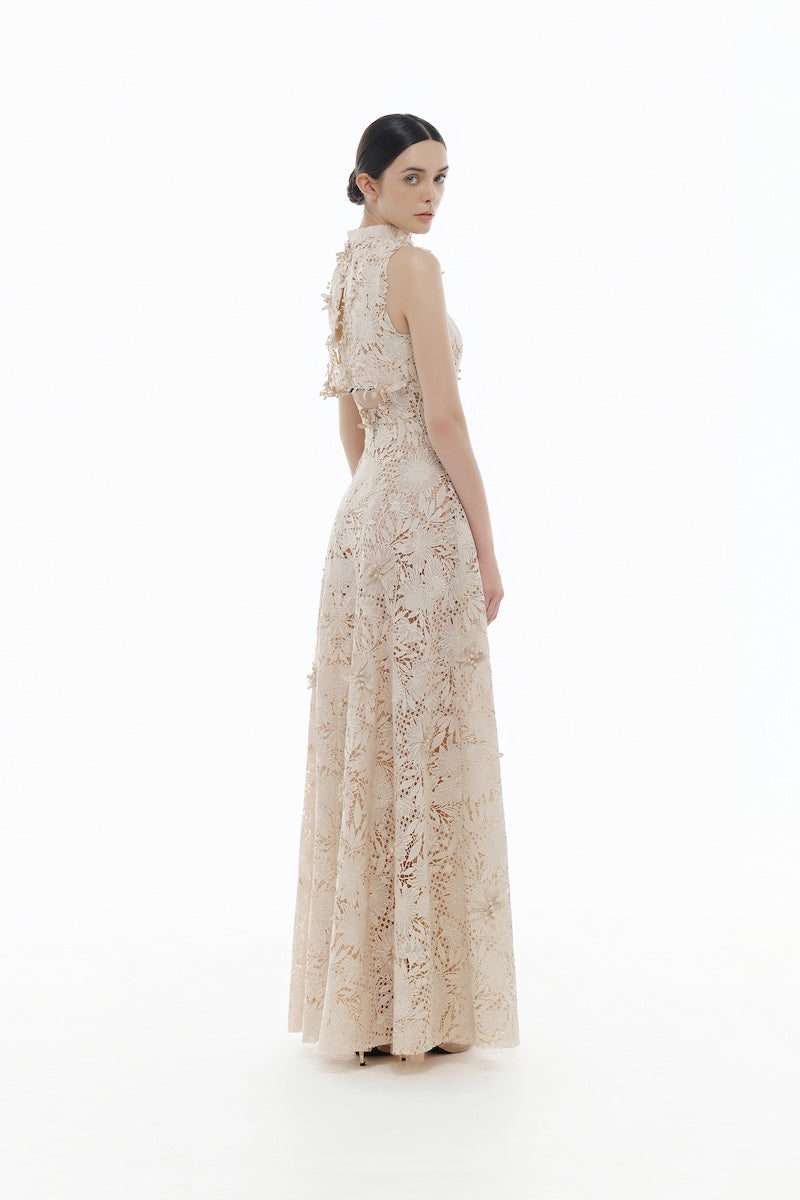 BEIGE FLOWER BEADED MAXI DRESS - CULT MIA