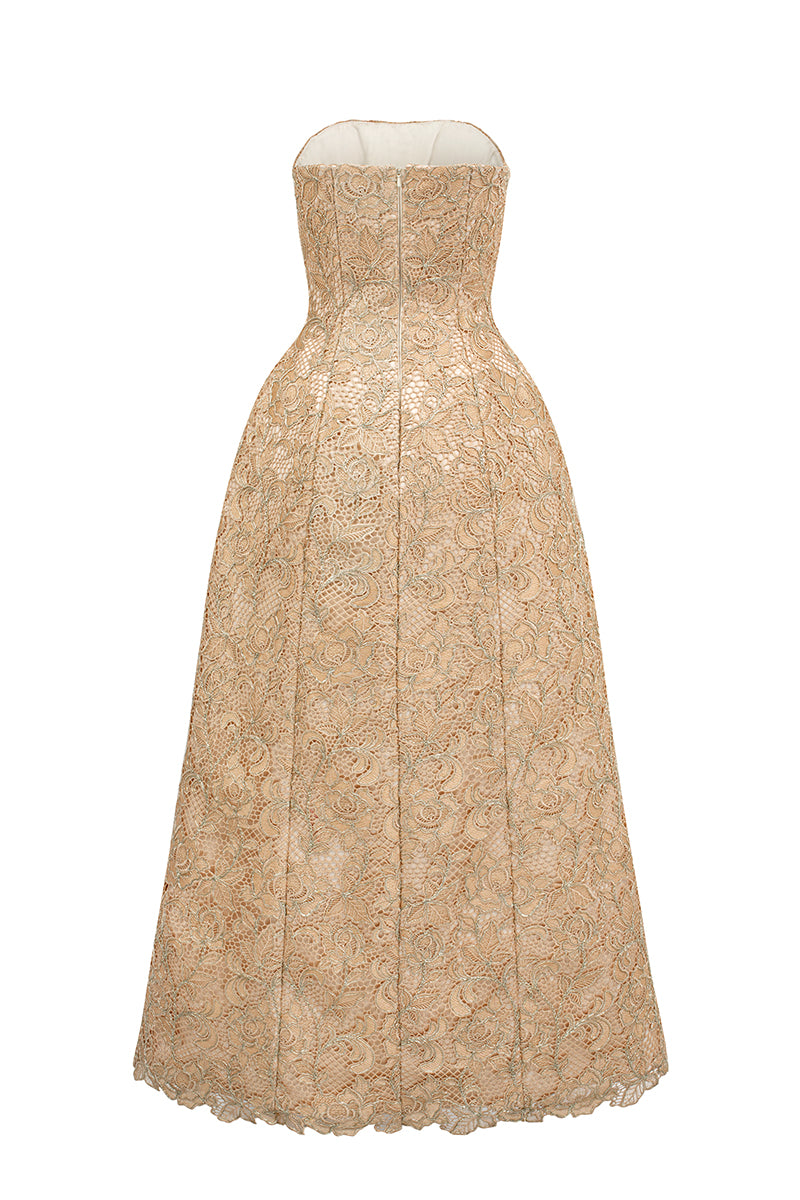 BUSTIER LACE MAXI DRESS IN BEIGE - CULT MIA