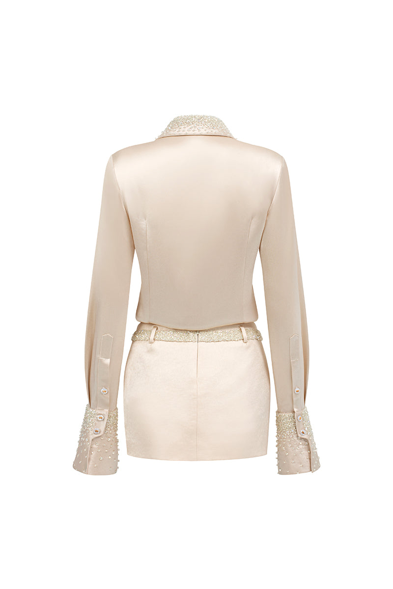 SATIN SHIRT AND SKIRT SET IN BEIGE - CULT MIA