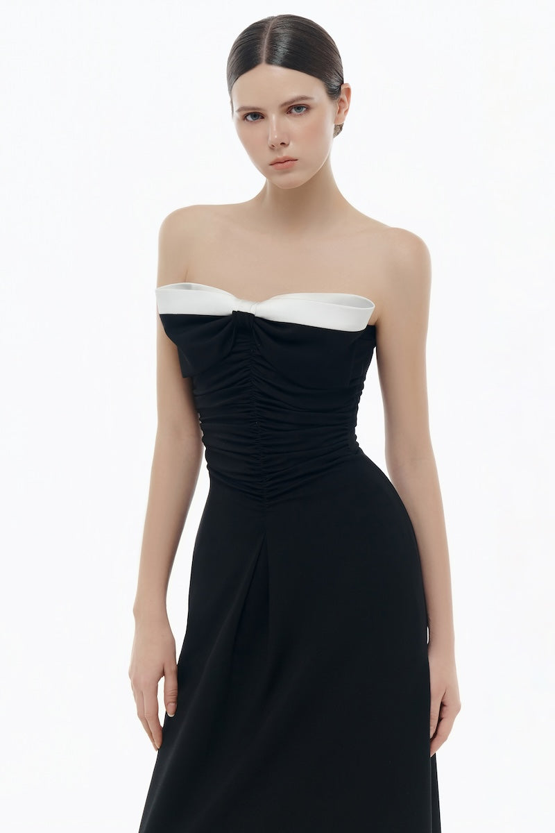 BLACK BOW RUCHED MIDI DRESS - CULT MIA
