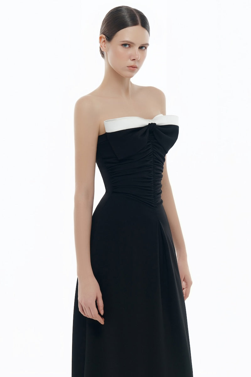 BLACK BOW RUCHED MIDI DRESS - CULT MIA