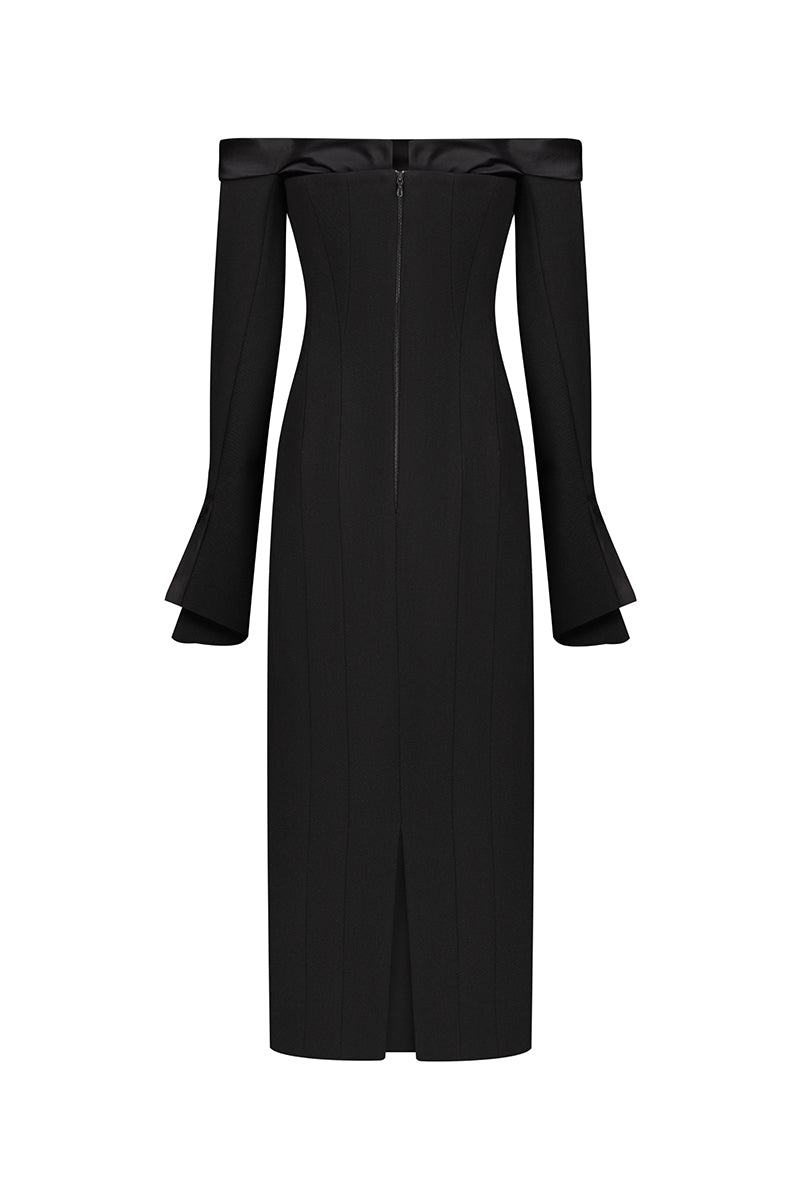 BLACK OFF-SHOULDER WOOL MIDI DRESS - CULT MIA