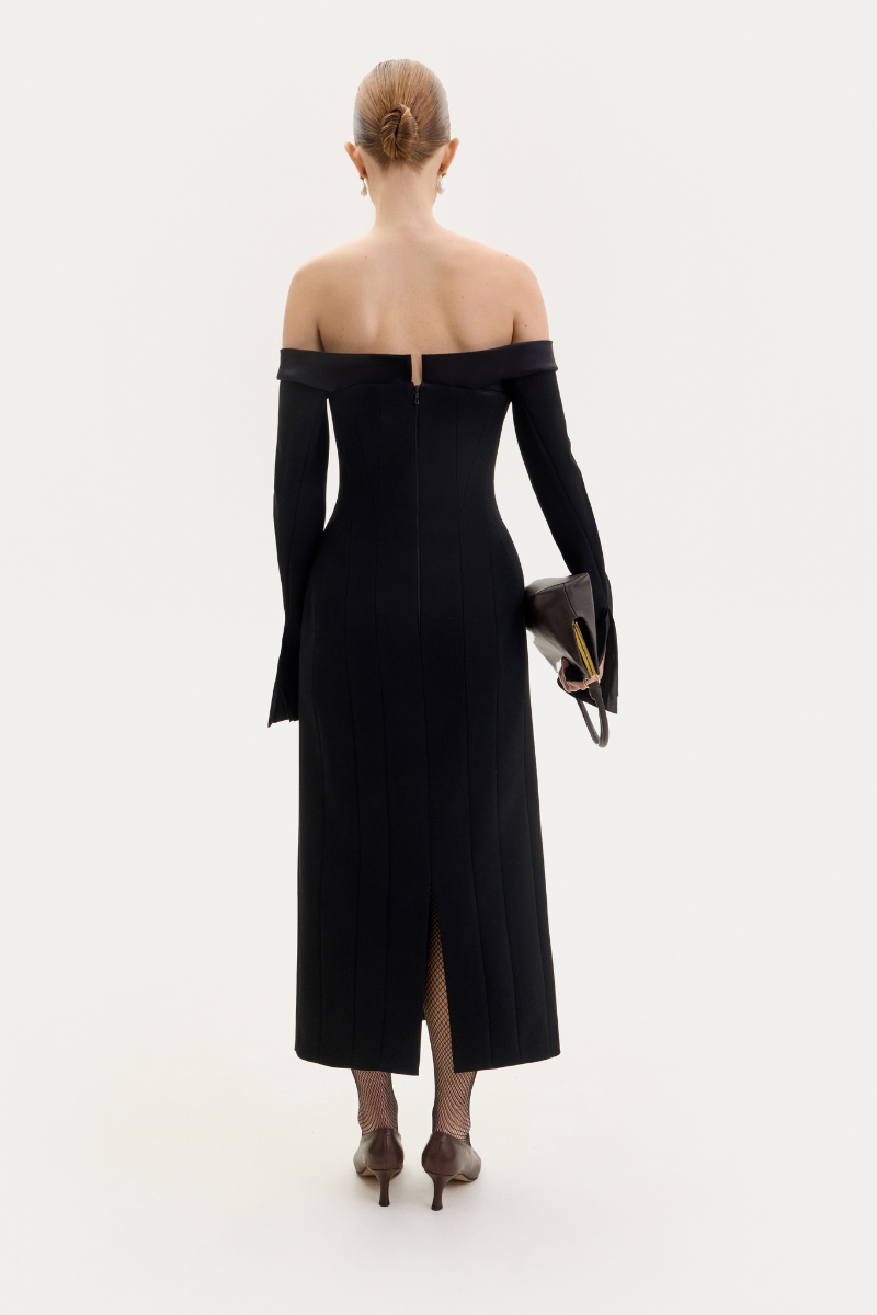 BLACK OFF-SHOULDER WOOL MIDI DRESS - CULT MIA