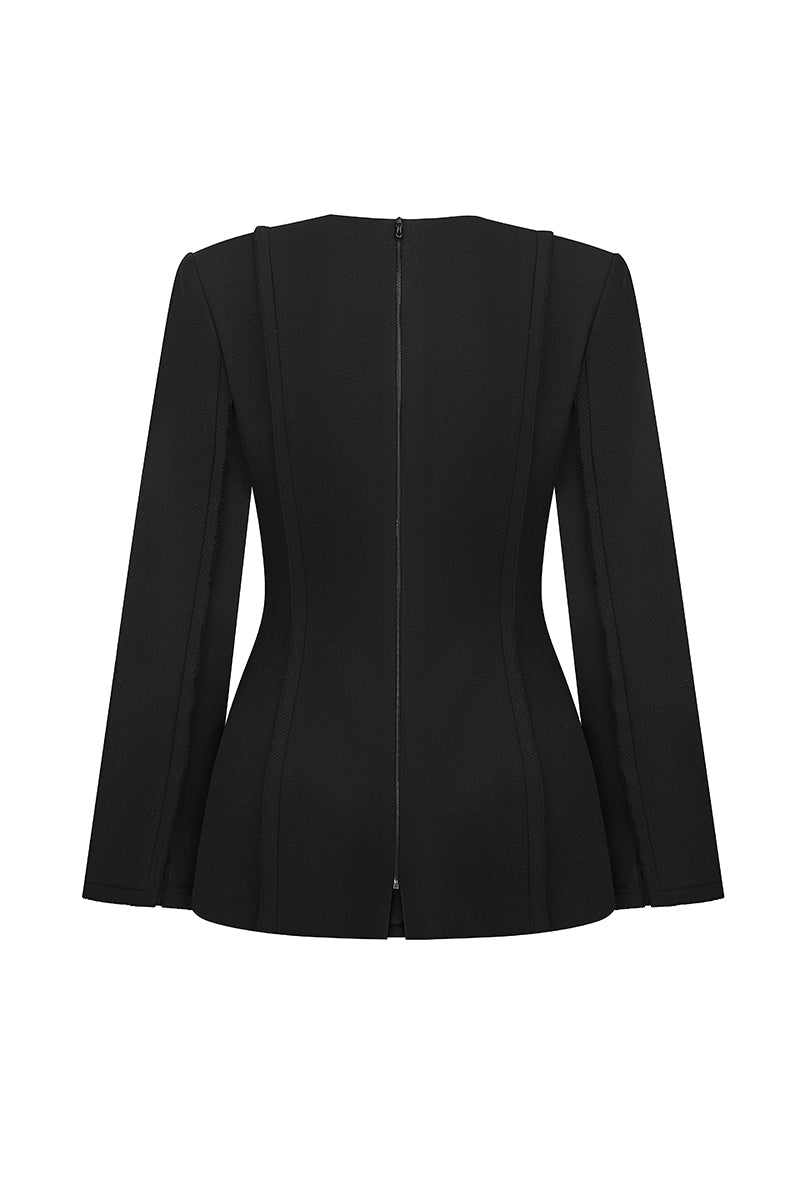 BLACK WOOL TOP WITH AN ASYMMETRIC NECKLINE - CULT MIA