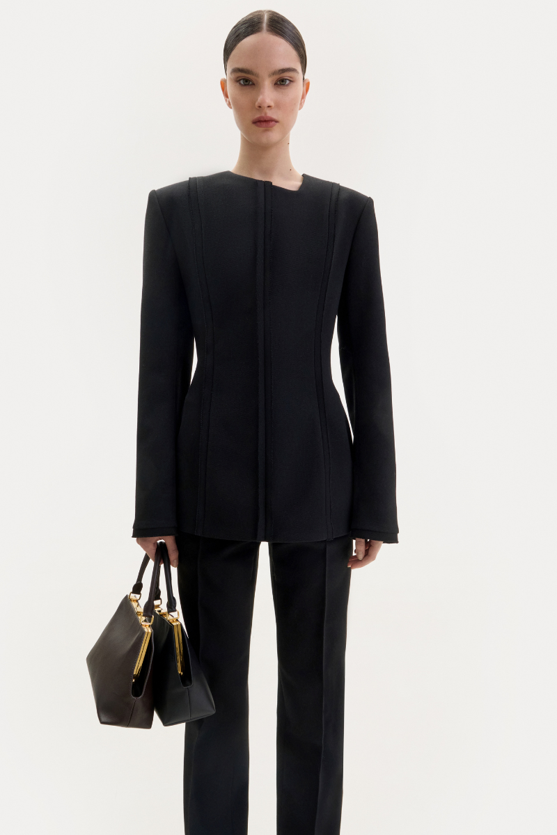 BLACK WOOL TOP WITH AN ASYMMETRIC NECKLINE - CULT MIA