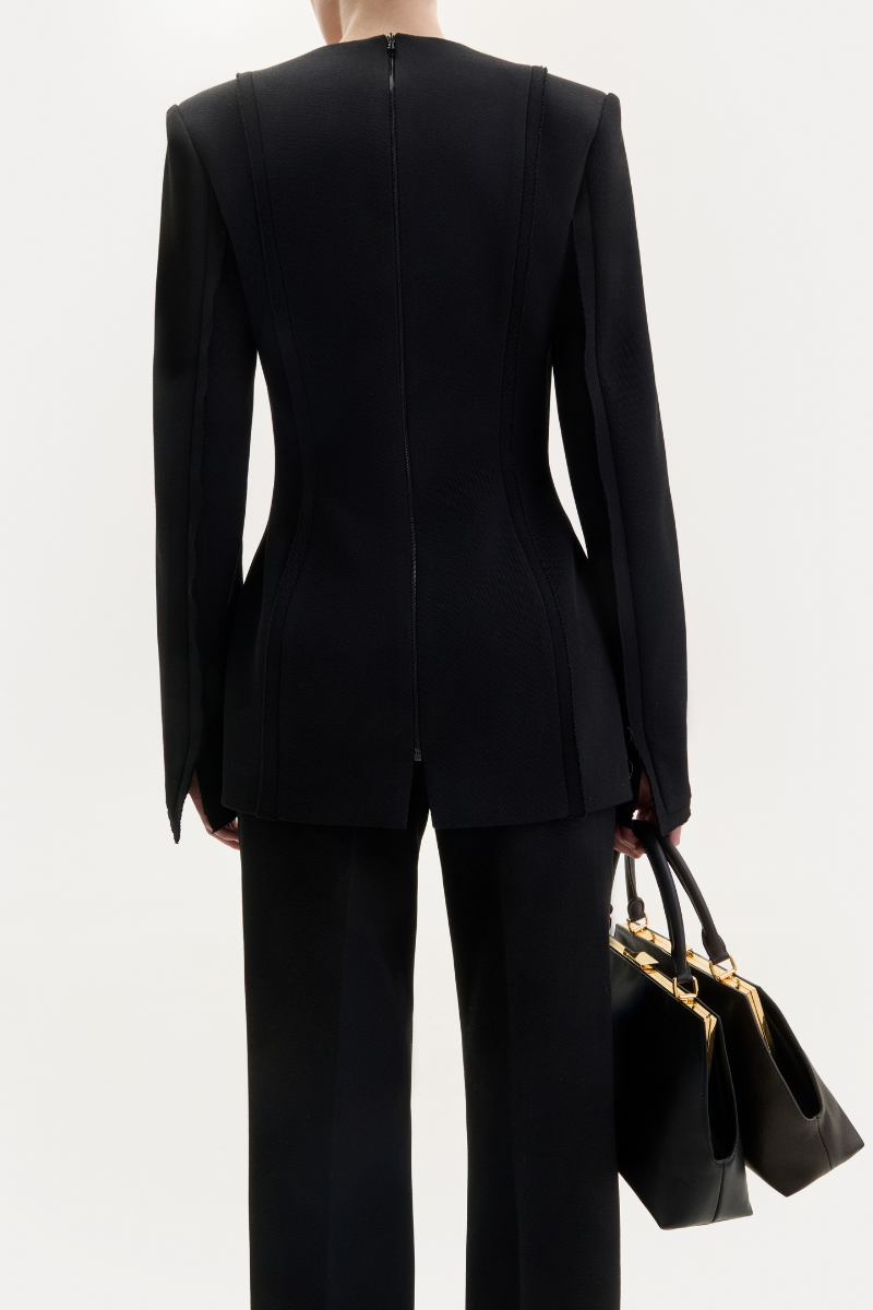 BLACK WOOL TOP WITH AN ASYMMETRIC NECKLINE - CULT MIA
