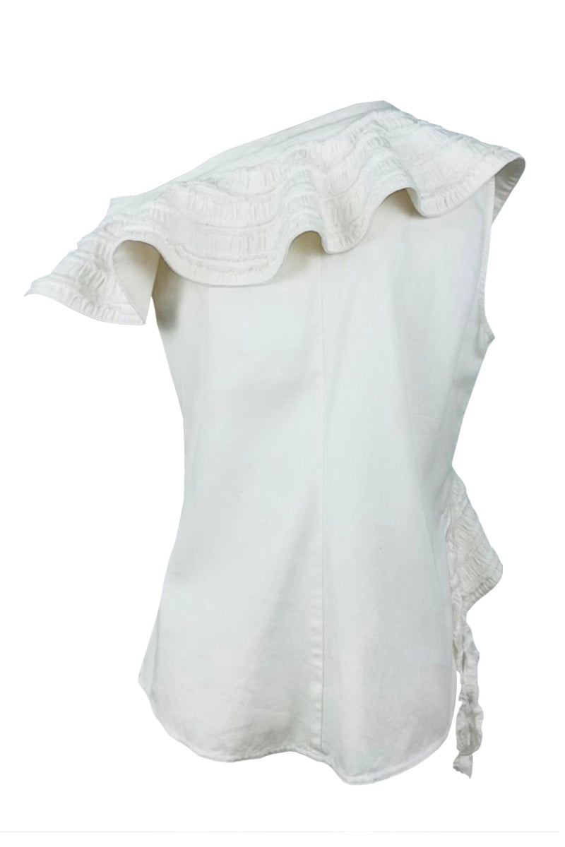 ASYMMETRIC FLAIR DENIM TOP IN IVORY - CULT MIA