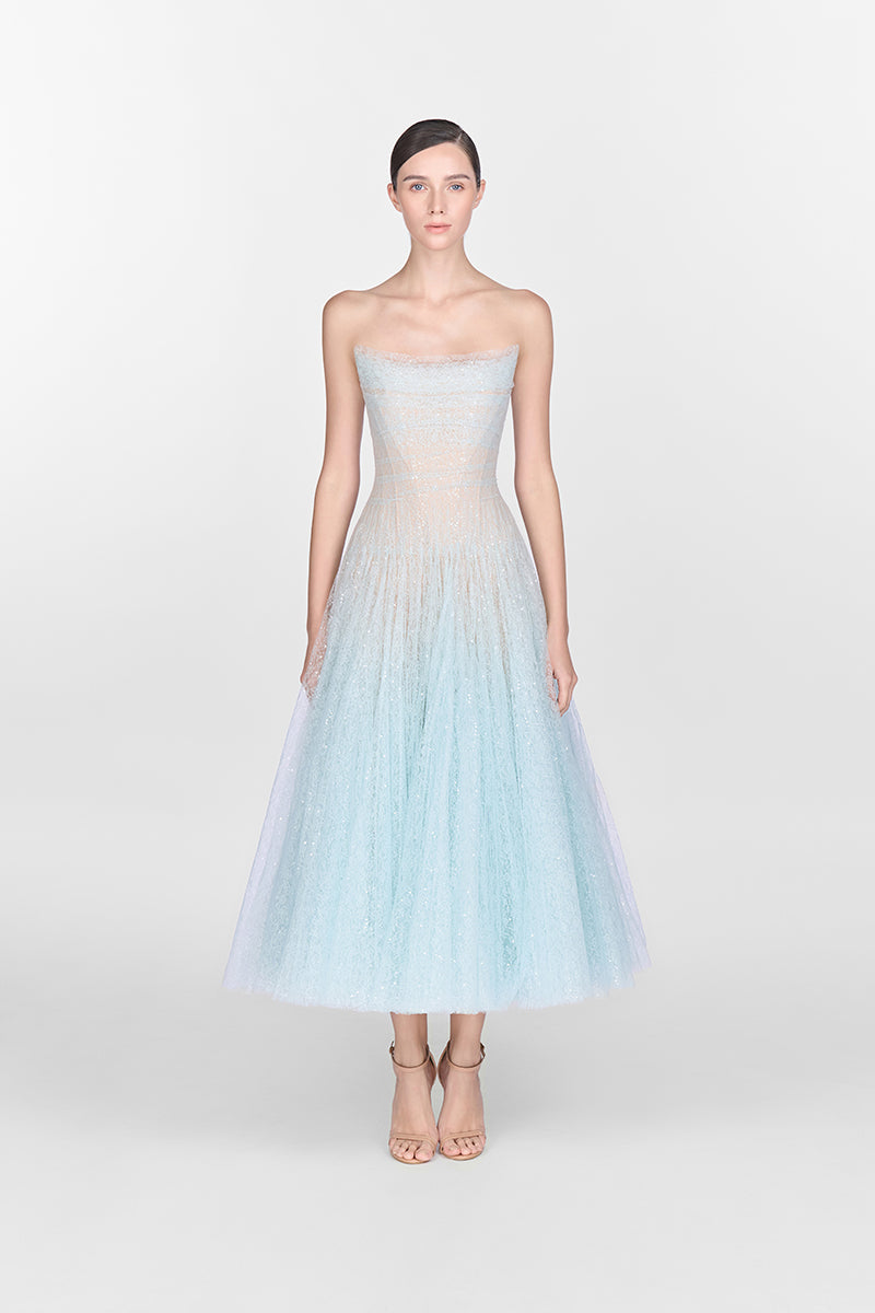 BLUE DRAPED LACE MIDI DRESS - CULT MIA