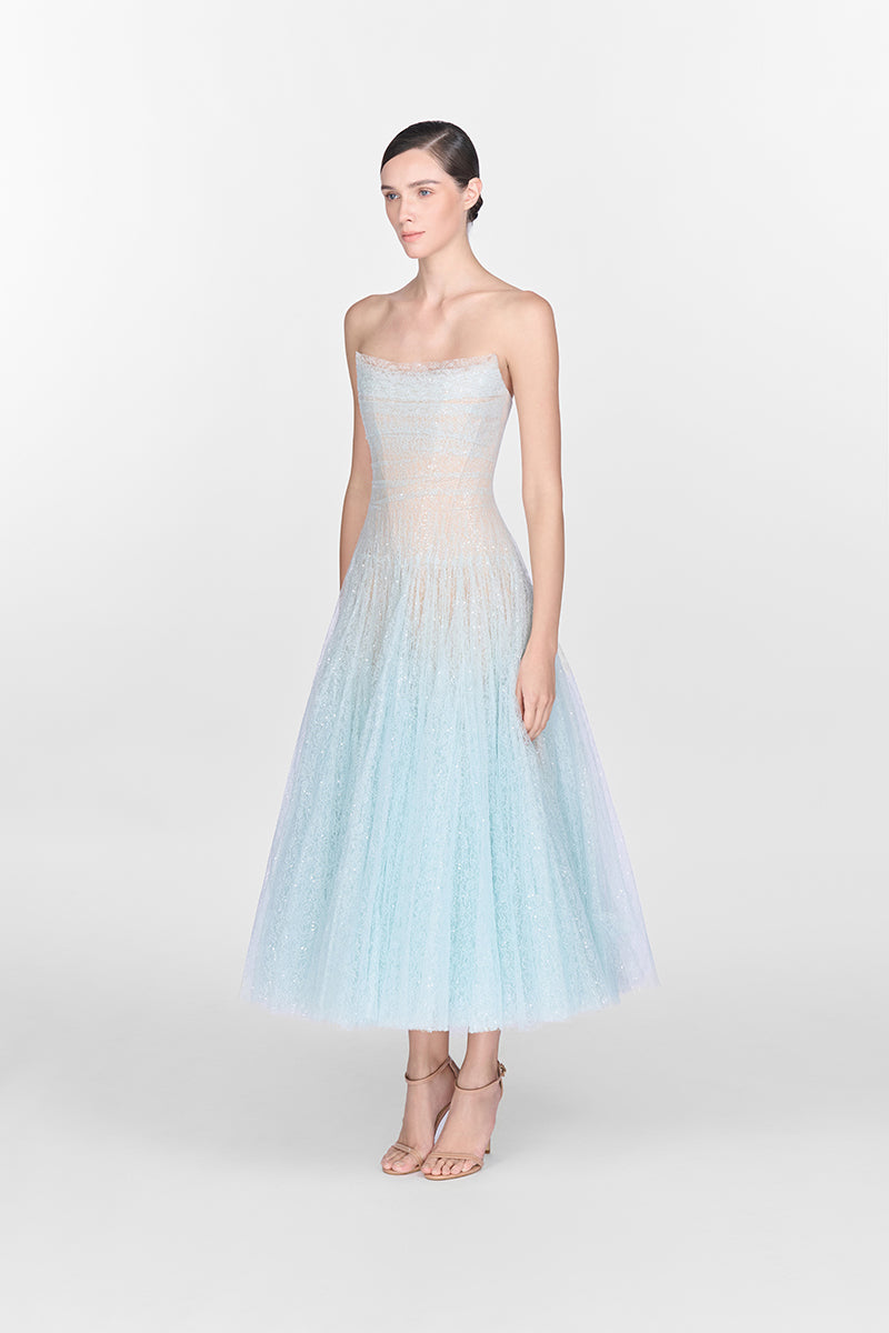 BLUE DRAPED LACE MIDI DRESS - CULT MIA