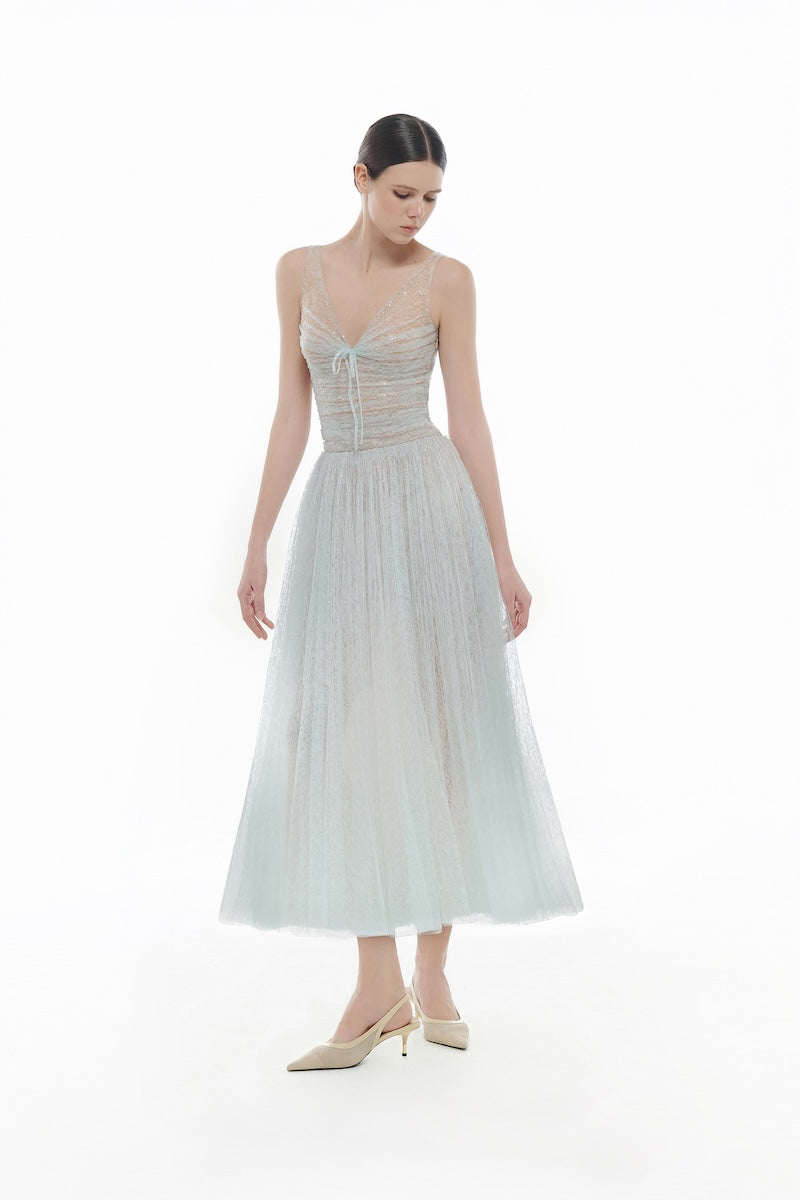 BLUE V-NECK DRAPED MIDI DRESS - CULT MIA
