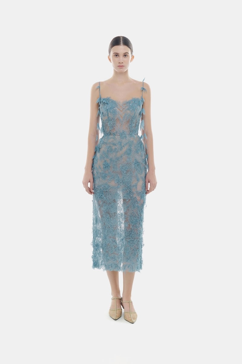BLUE BEADED LACE PENCIL MIDI DRESS - CULT MIA