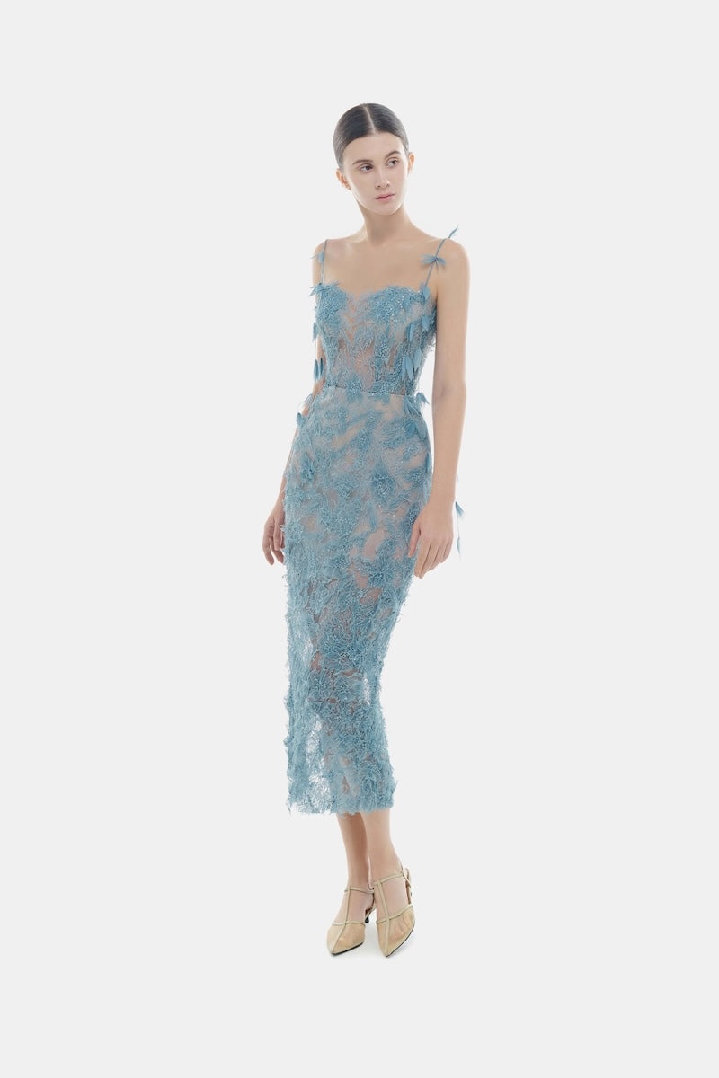 BLUE BEADED LACE PENCIL MIDI DRESS - CULT MIA