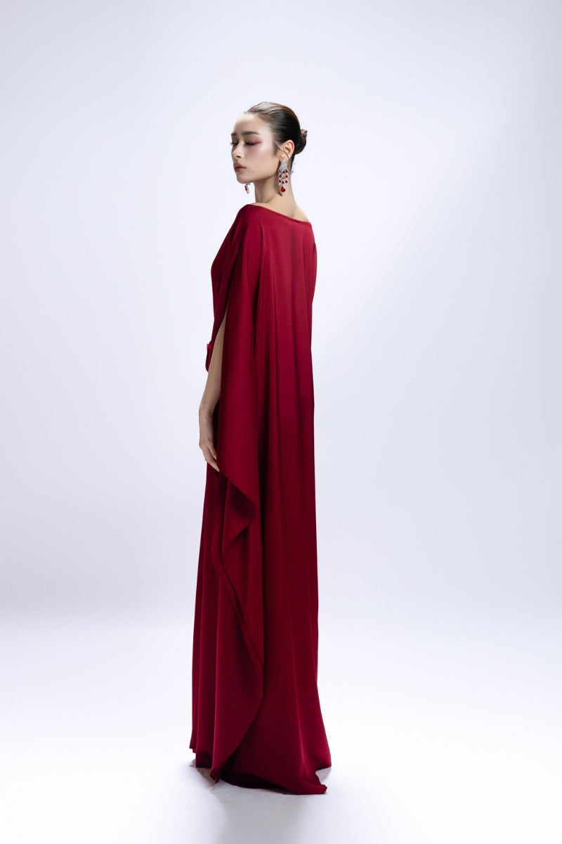 BOAT NECK FLOWER RUCHED MAXI DRESS IN RED - CULT MIA