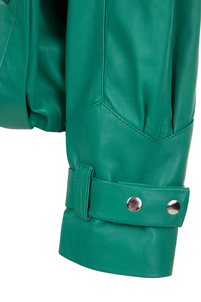 BOMBER LEATHER JACKET IN MILANO GREEN - CULT MIA