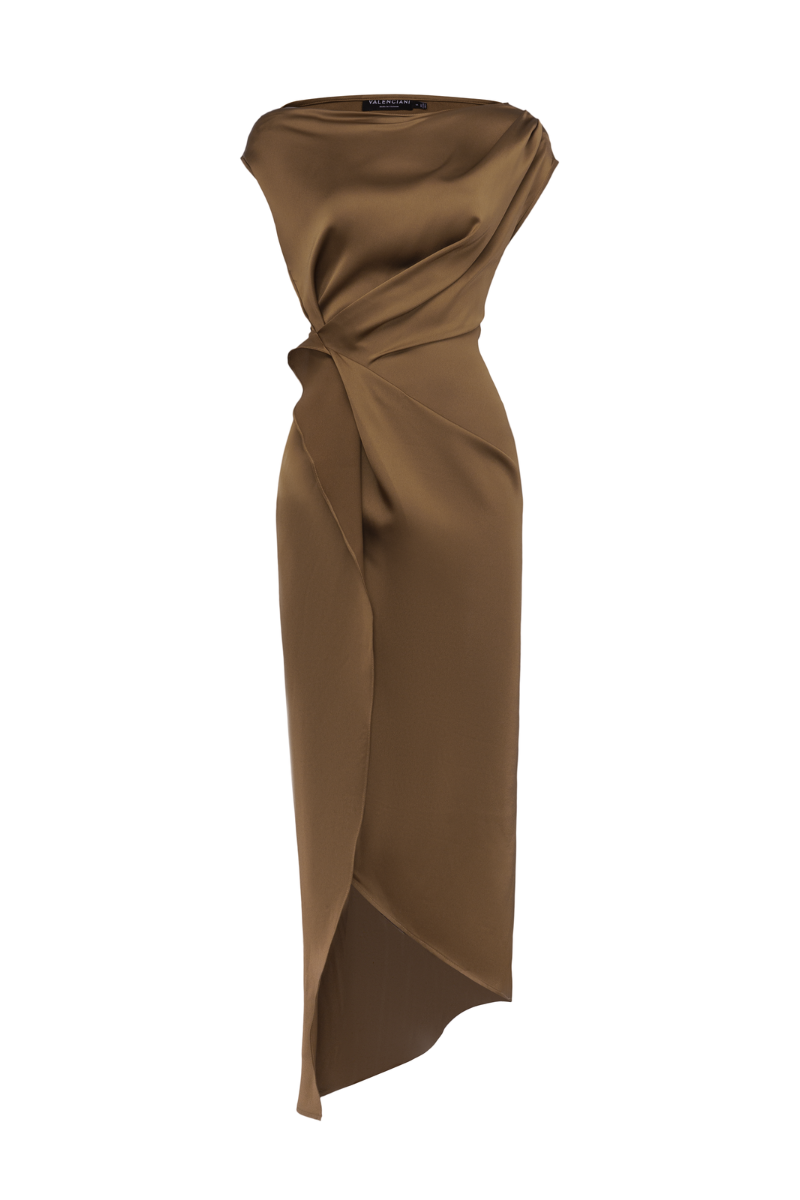 BETHANY SLIT DRAPED SATIN MIDI DRESS - CULT MIA