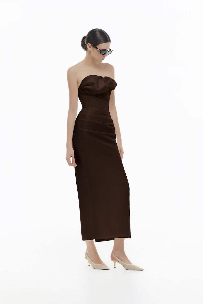 BROWN DRAPED TUBE MIDI DRESS - CULT MIA
