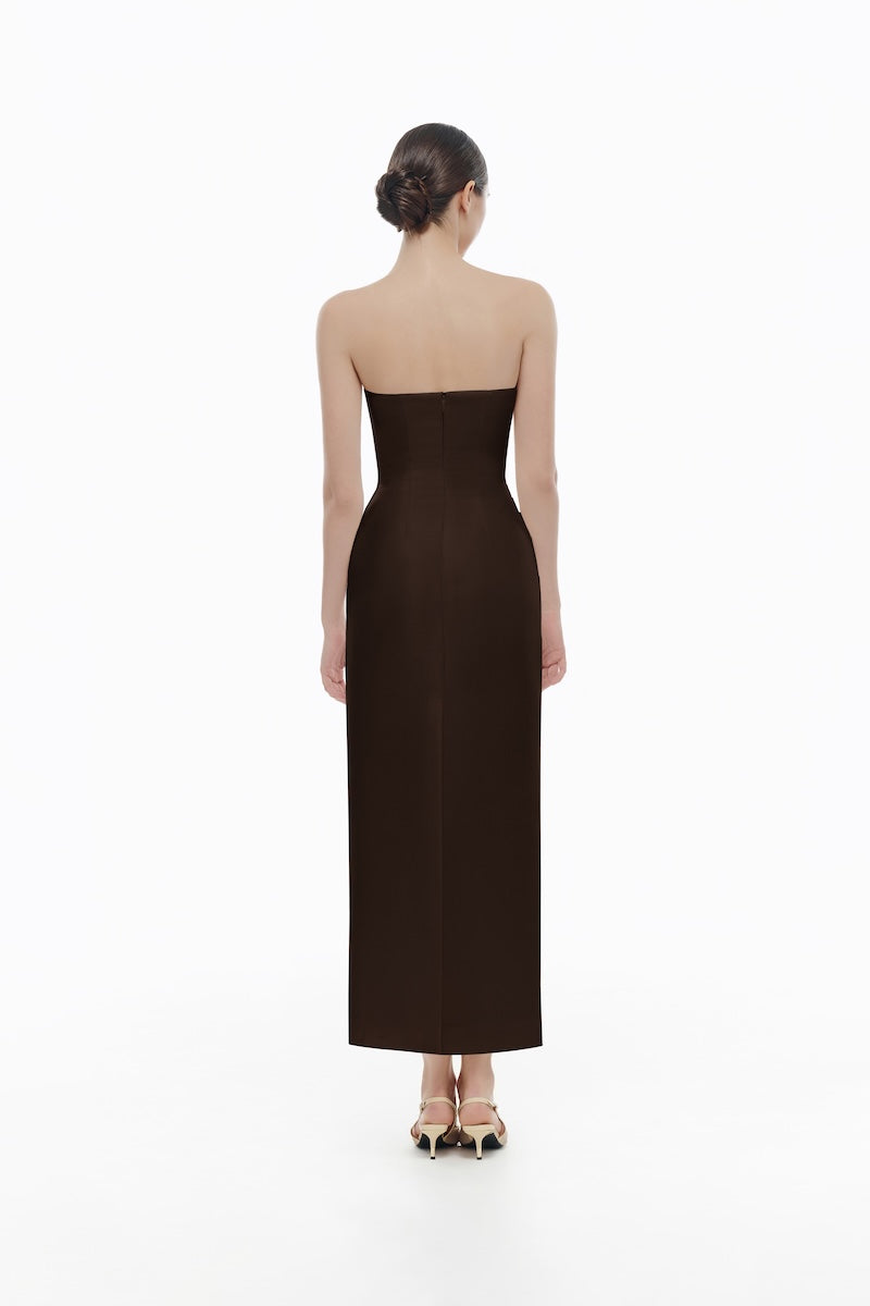 BROWN DRAPED TUBE MIDI DRESS - CULT MIA