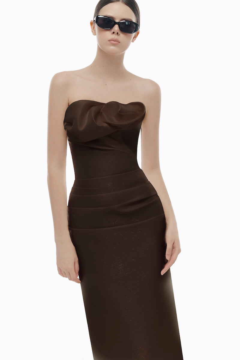 BROWN DRAPED TUBE MIDI DRESS - CULT MIA