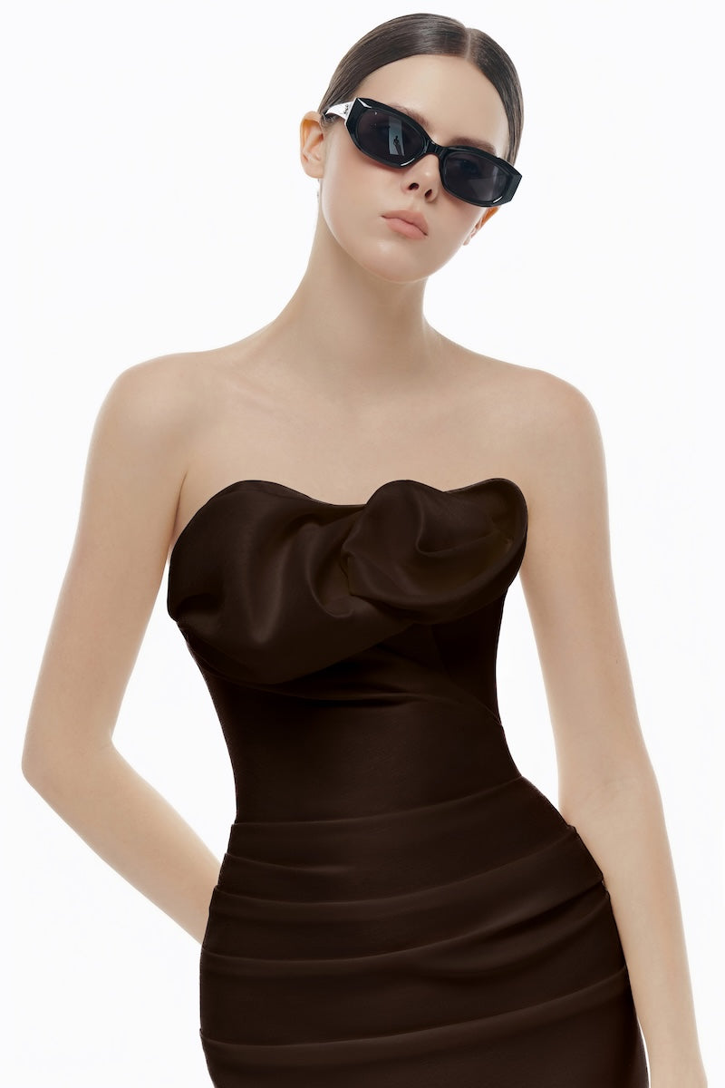 BROWN DRAPED TUBE MIDI DRESS - CULT MIA