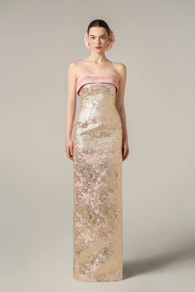 METALLIC JACQUARD AND SILK TAFFETA DRESS IN PINK - CULT MIA