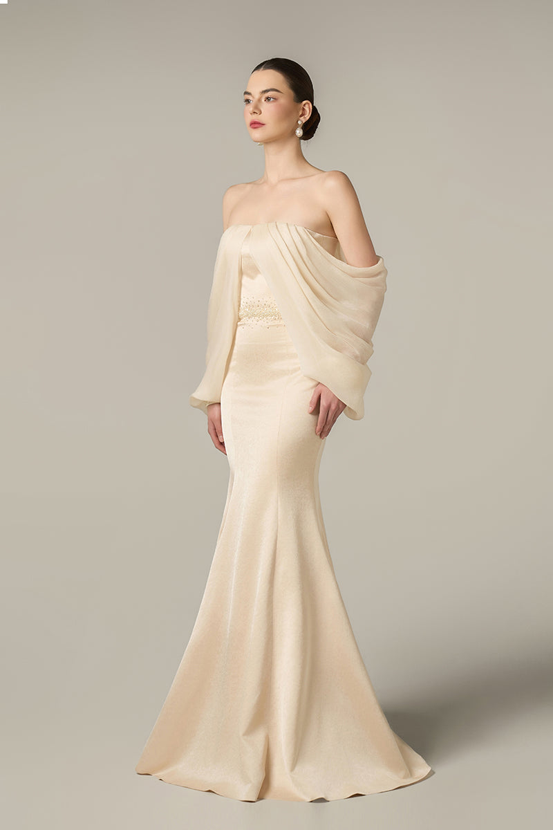 SILK TAFFETA AND CHIFFON DRESS IN GOLD - CULT MIA