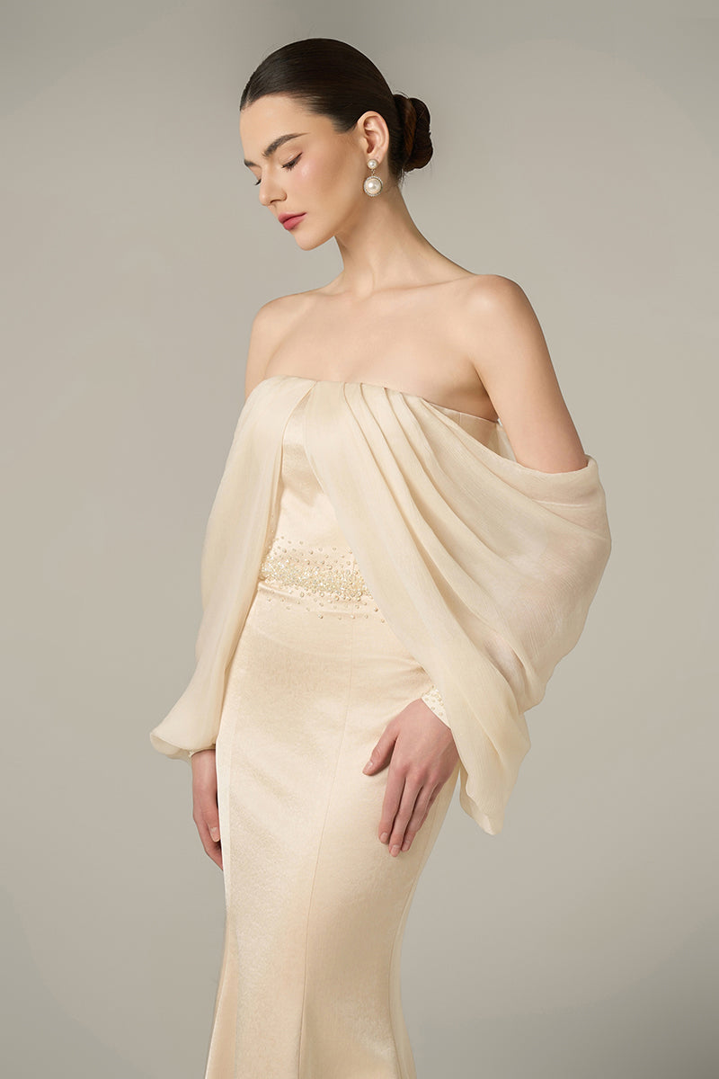 SILK TAFFETA AND CHIFFON DRESS IN GOLD - CULT MIA