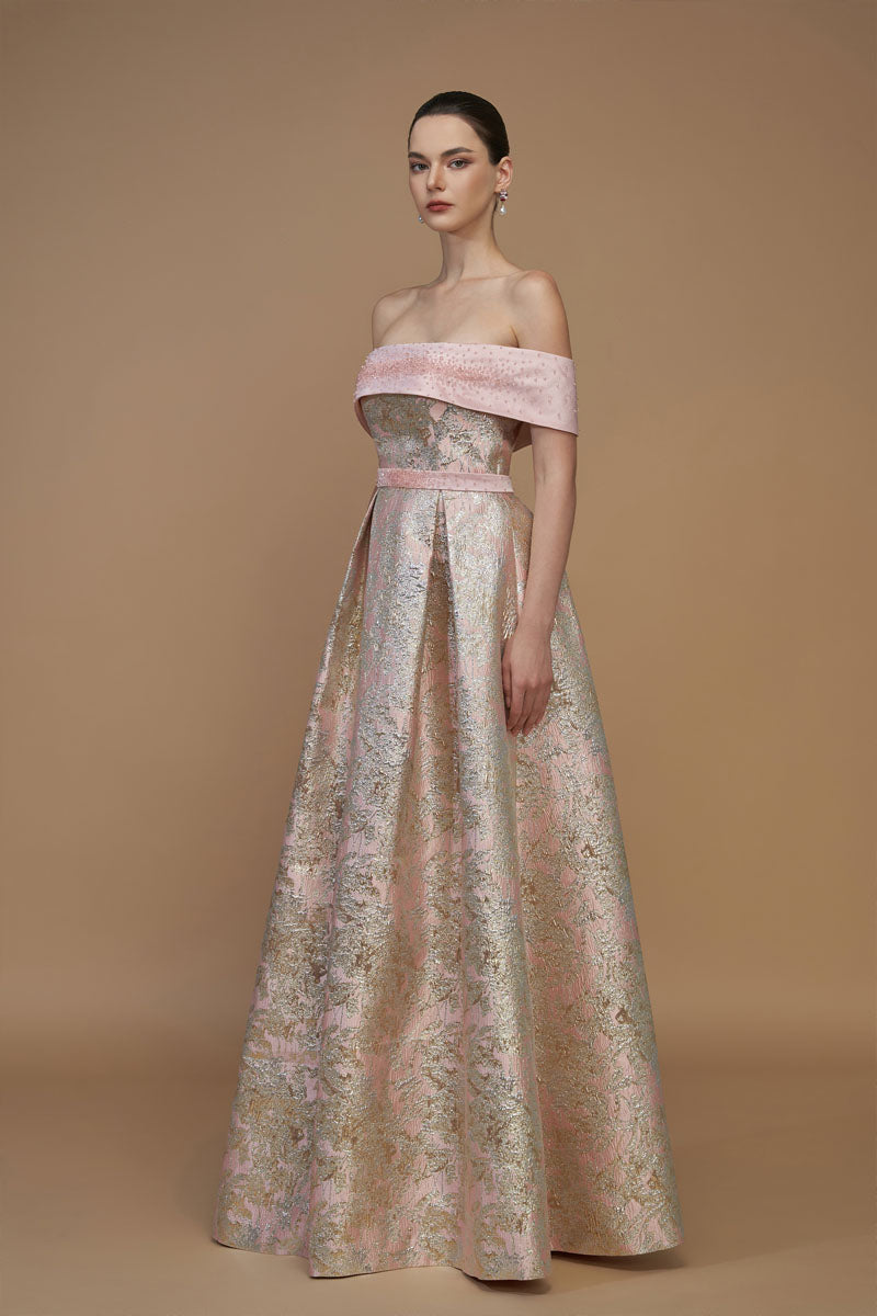 METALLIC JACQUARD AND SILK TAFFETA PINK GOWN - CULT MIA