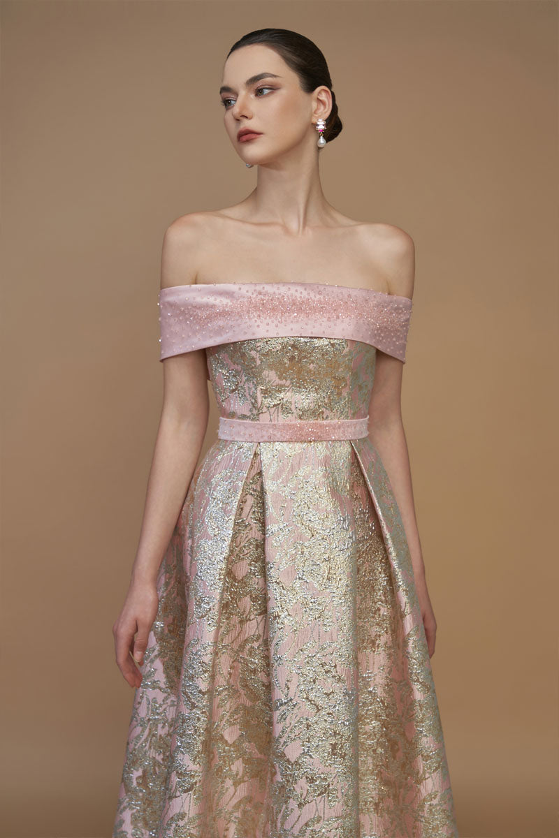 METALLIC JACQUARD AND SILK TAFFETA PINK GOWN - CULT MIA