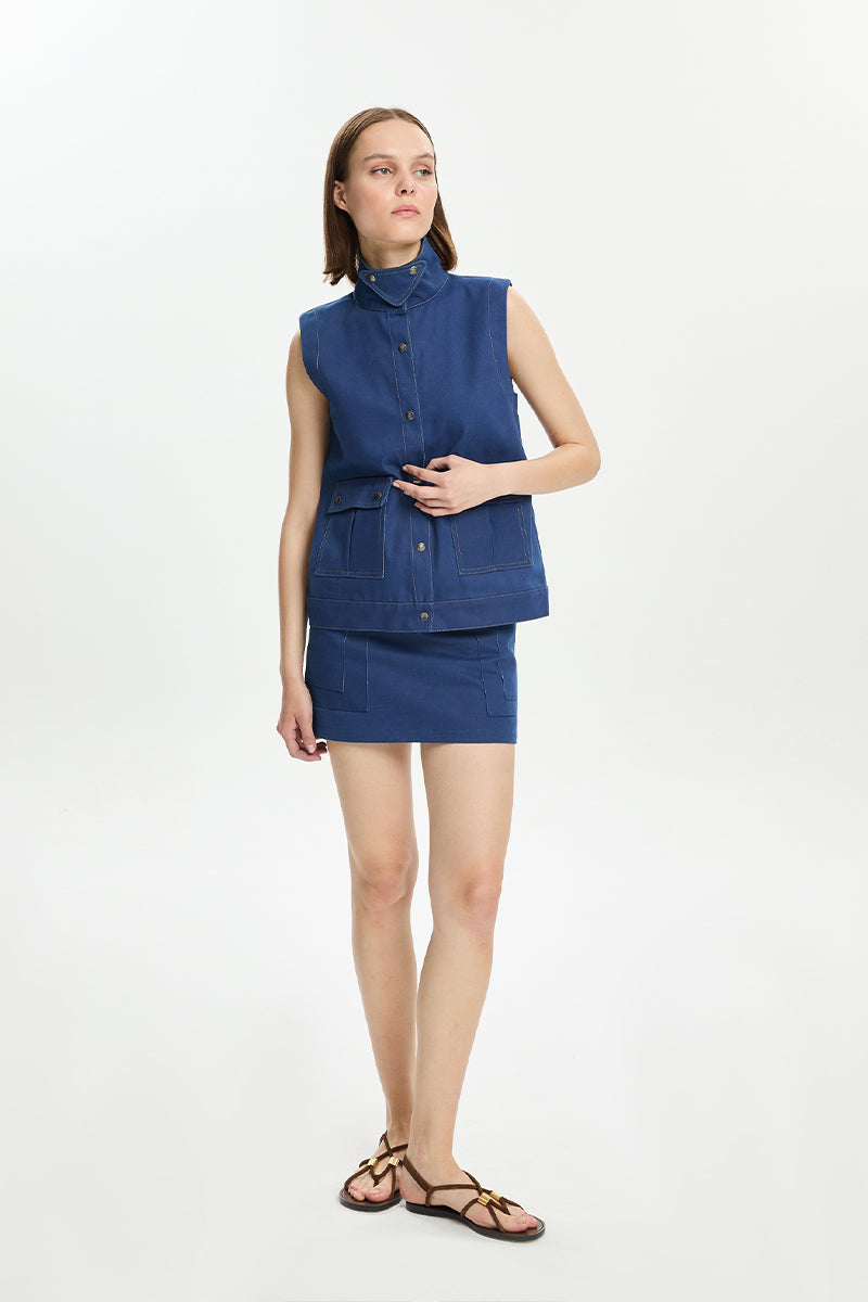 BUTTON DOWN DENIM VEST IN NAVY - CULT MIA
