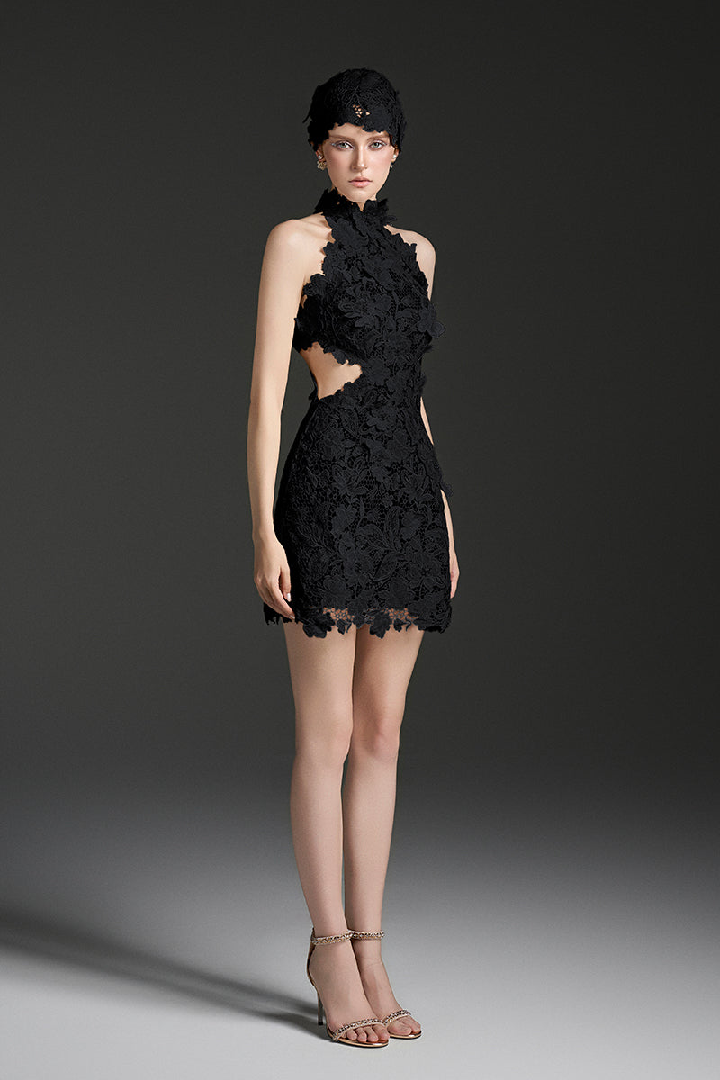 FLORAL GARDEN LACE HALTER MINI DRESS - CULT MIA