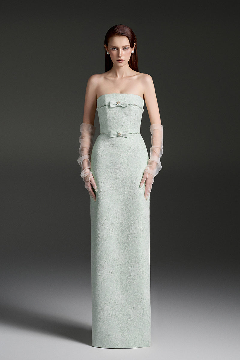 STRAPLESS LACQUERED BROCADE MAXI DRESS - CULT MIA