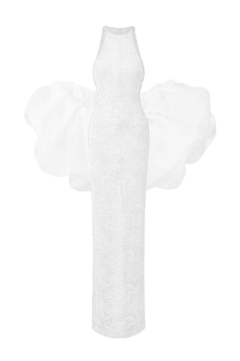 HALTER MESH LACE MAXI DRESS IN WHITE | CULT MIA | I.H.F Studio HALTER MESH LACE MAXI DRESS IN WHITE | CULT MIA | I.H.F Studio
