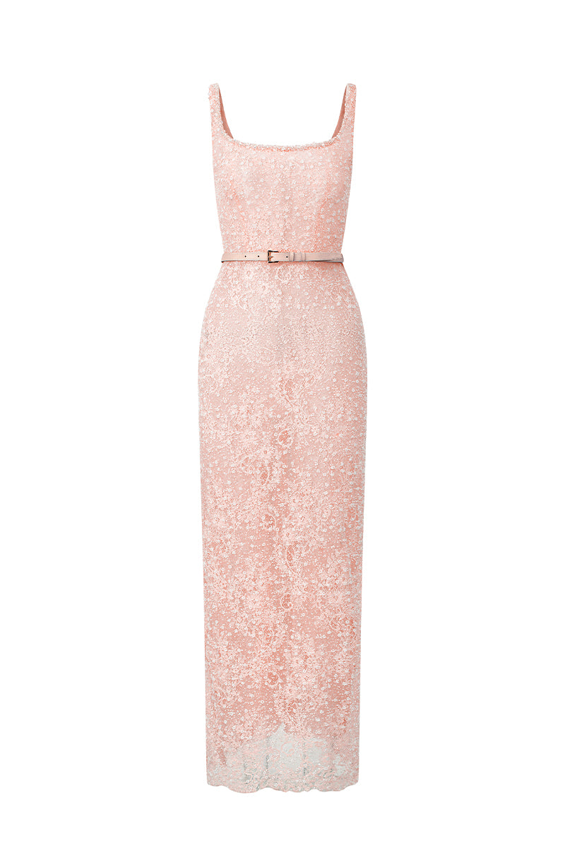 SQUARE NECK MESH LACE MIDI DRESS IN PINK
