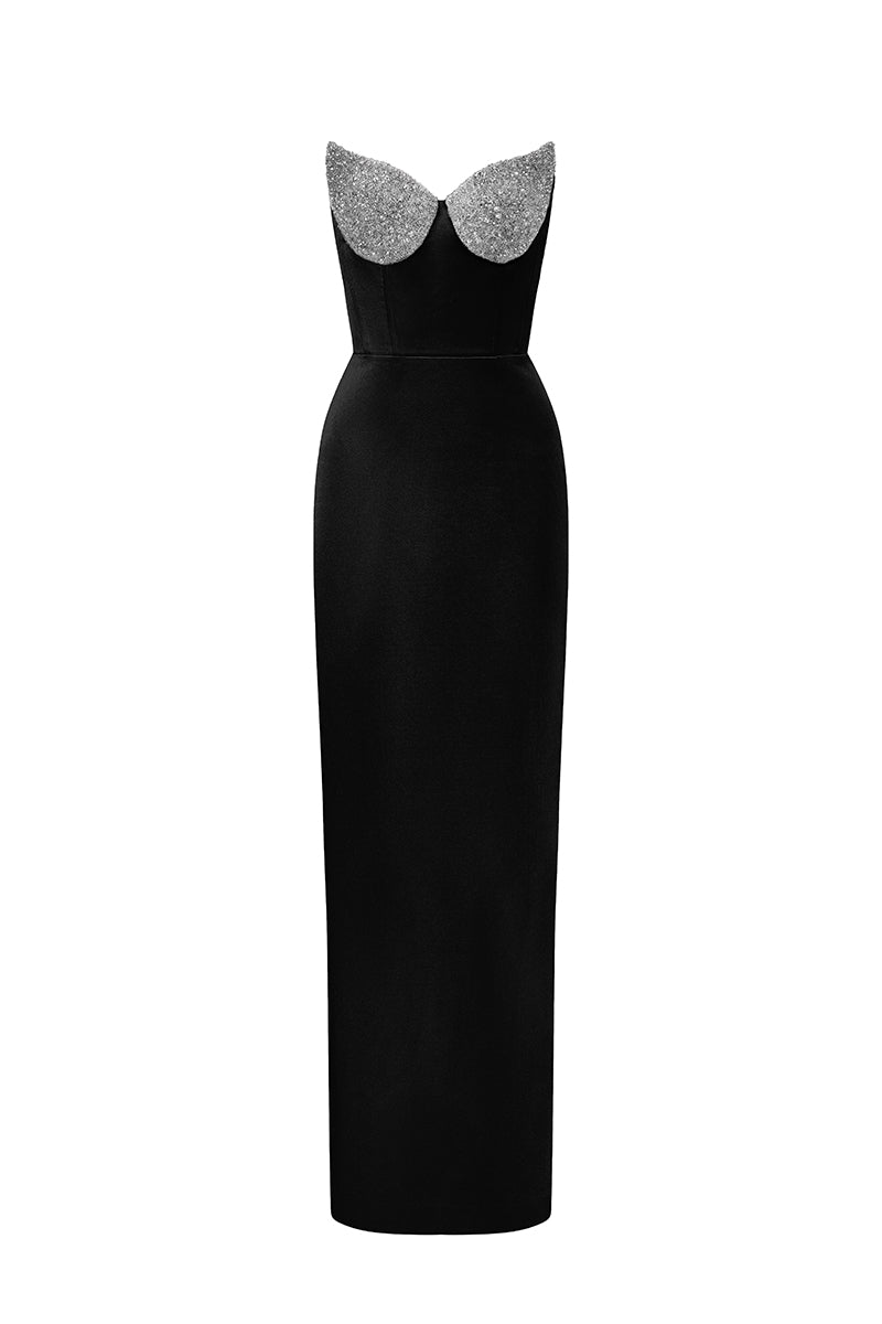 LOTUS TAFFETA BUSTIER COLUMN DRESS IN BLACK | CULT MIA | I.H.F Studio LOTUS TAFFETA BUSTIER COLUMN DRESS IN BLACK | CULT MIA | I.H.F Studio