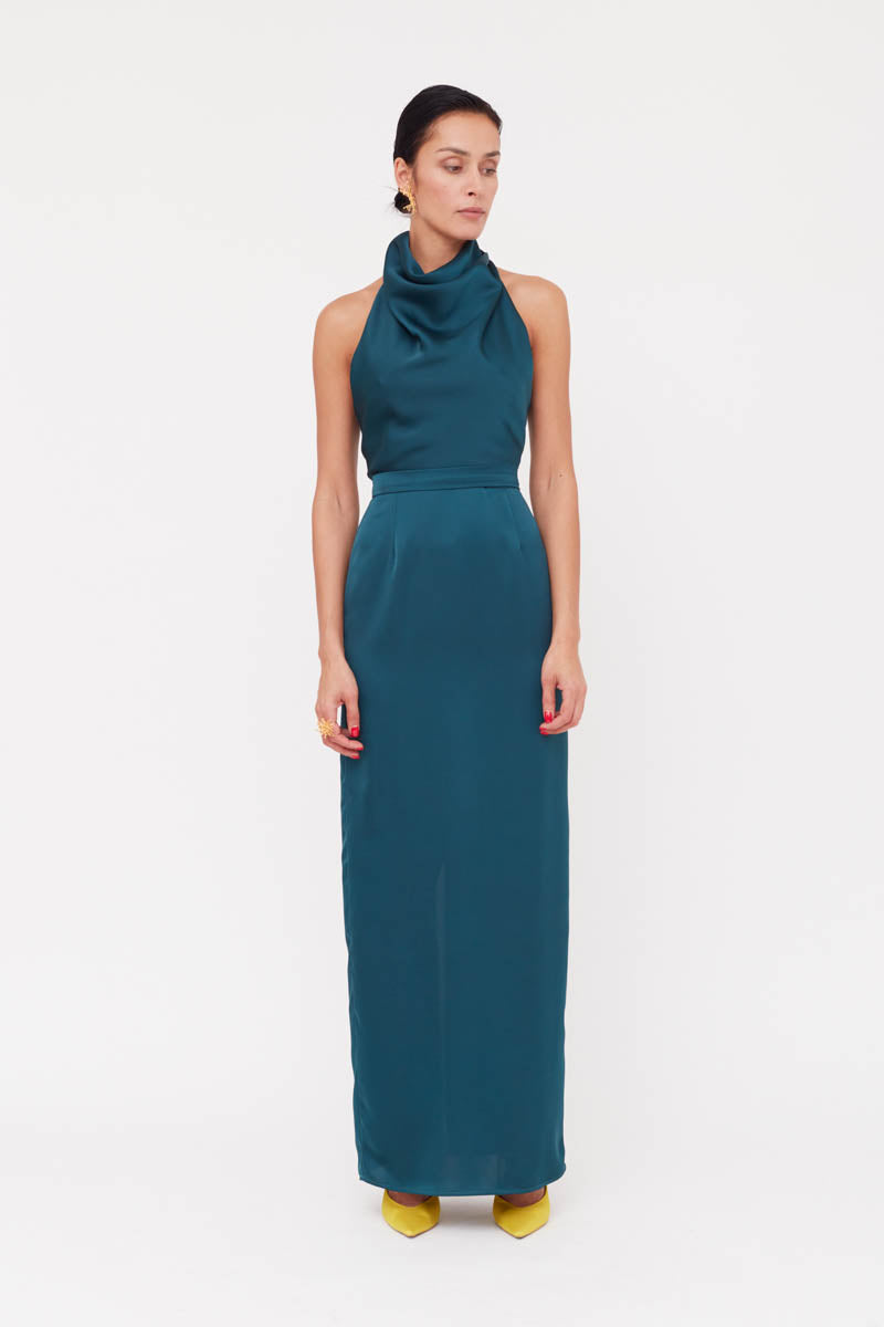 CASANDRA BLUE MAXI EVENING DRESS WITH COWL NECK - CULT MIA