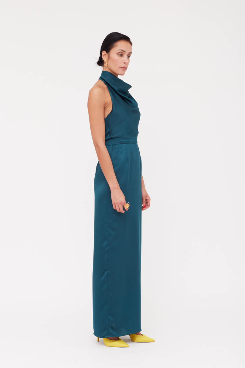 CASANDRA BLUE MAXI EVENING DRESS WITH COWL NECK - CULT MIA