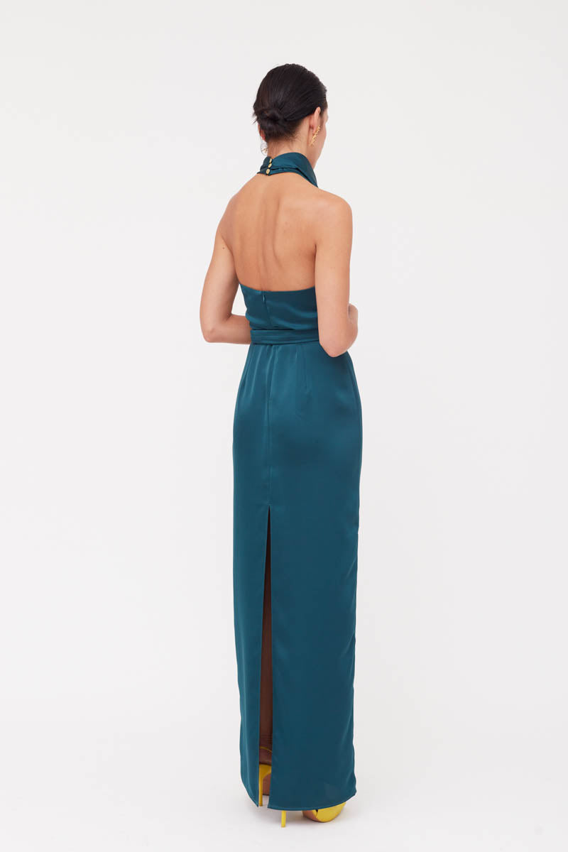 CASANDRA BLUE MAXI EVENING DRESS WITH COWL NECK - CULT MIA