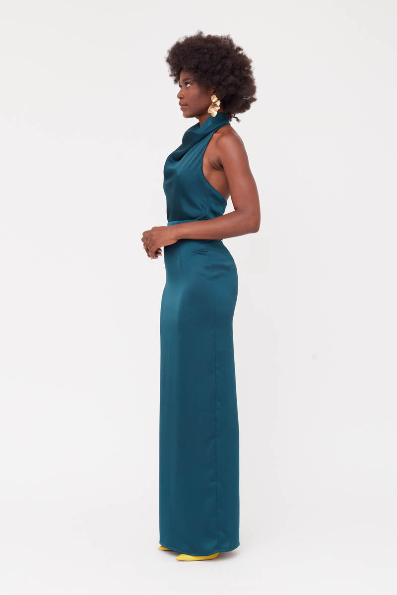 CASANDRA BLUE MAXI EVENING DRESS WITH COWL NECK - CULT MIA