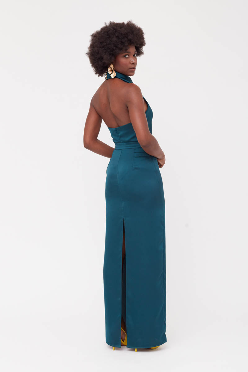 CASANDRA BLUE MAXI EVENING DRESS WITH COWL NECK - CULT MIA