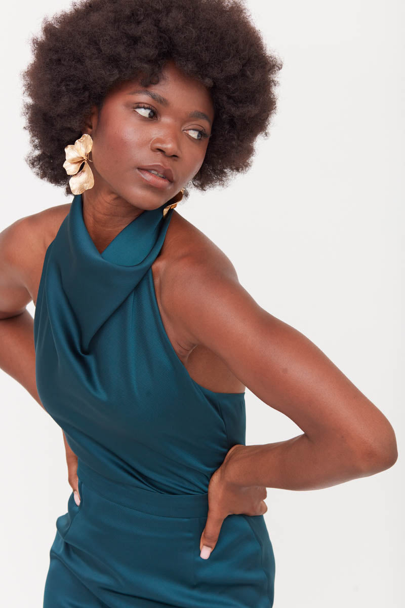 CASANDRA BLUE MAXI EVENING DRESS WITH COWL NECK - CULT MIA