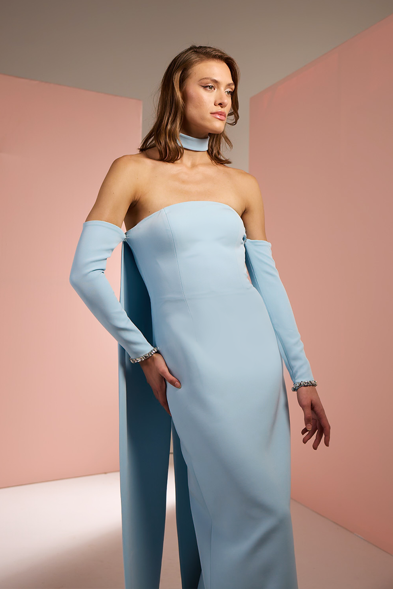 STRAPLESS CREPE TUBE DRESS IN BABY BLUE - CULT MIA