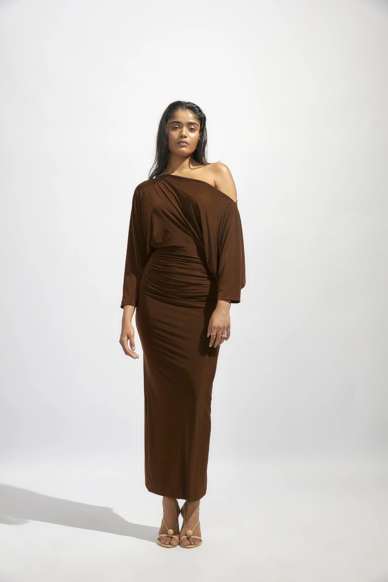 CALLIE CHOCOLATE BROWN MIDI DRESS - CULT MIA