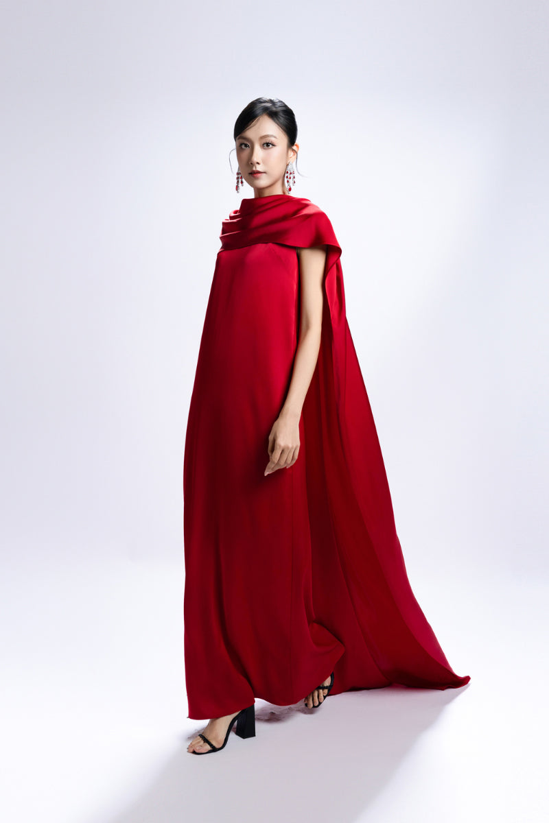 CAPE COLLAR MAXI DRESS IN RED - CULT MIA