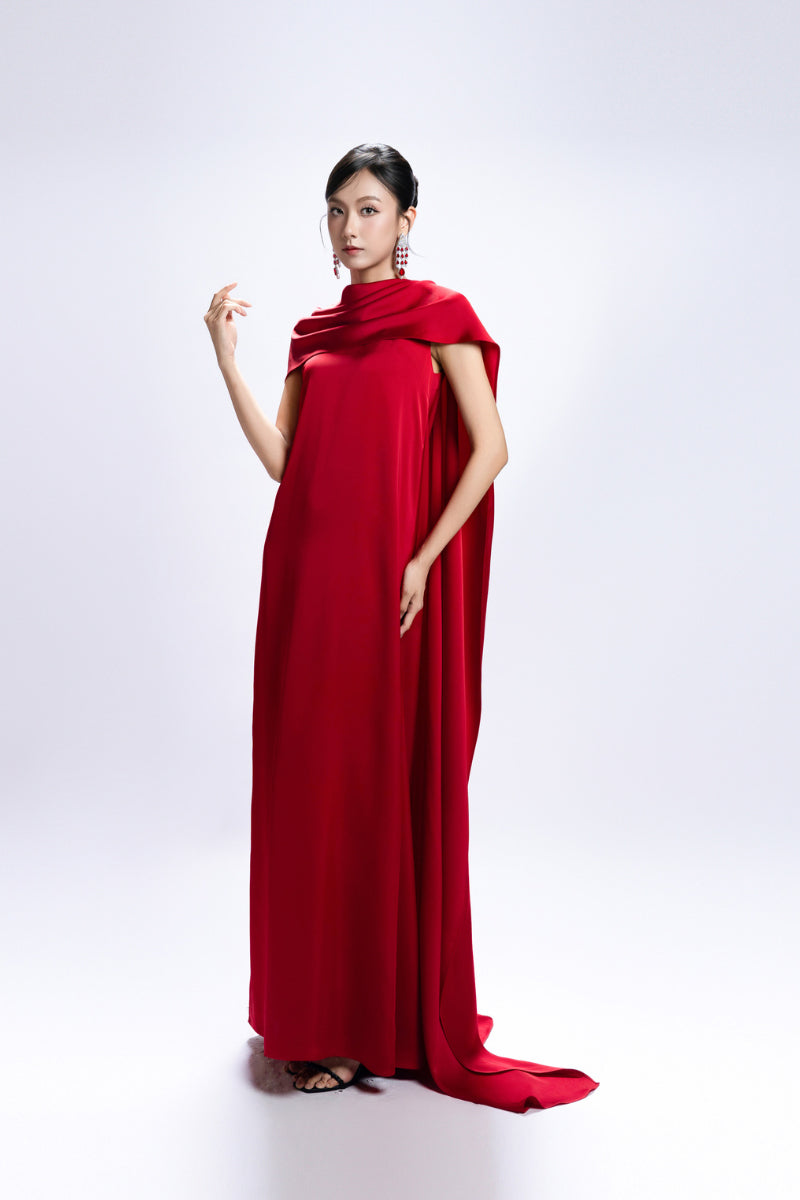 CAPE COLLAR MAXI DRESS IN RED - CULT MIA