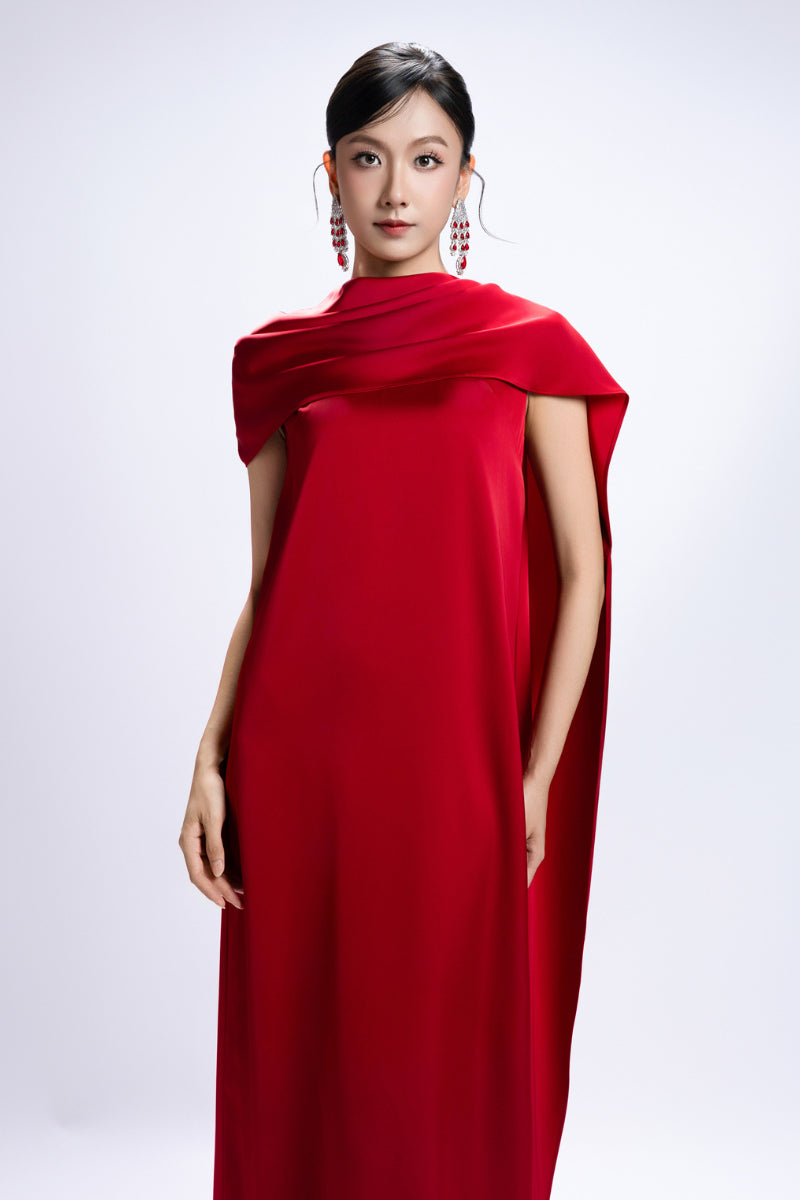 CAPE COLLAR MAXI DRESS IN RED - CULT MIA