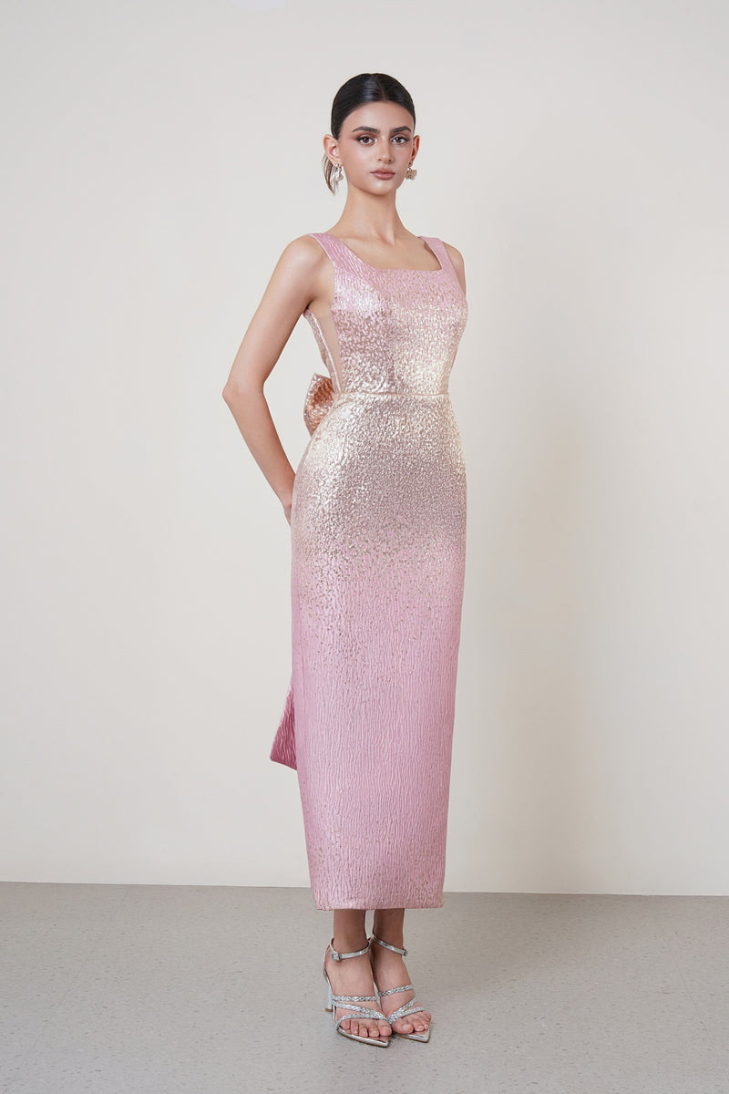 BROCADE OPEN BACK DRESS IN PINK - CULT MIA