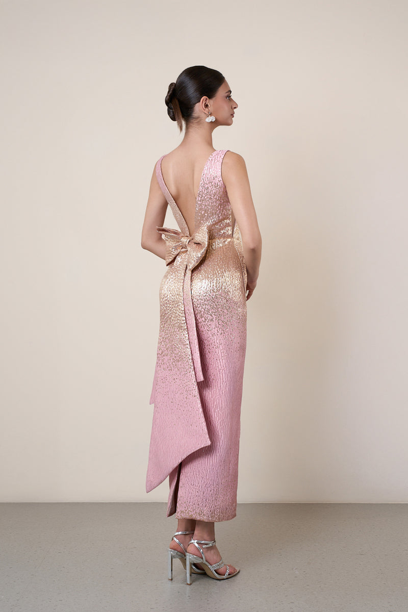 BROCADE OPEN BACK DRESS IN PINK - CULT MIA