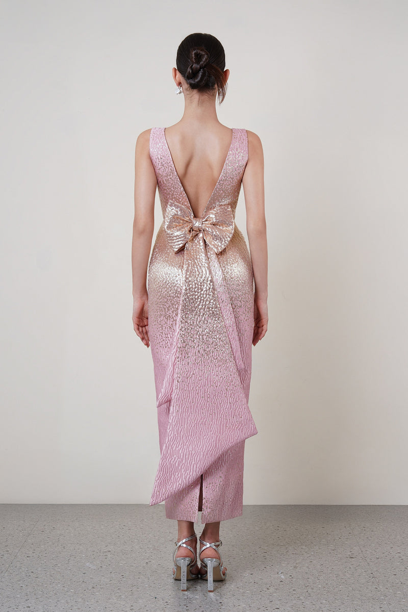 BROCADE OPEN BACK DRESS IN PINK - CULT MIA