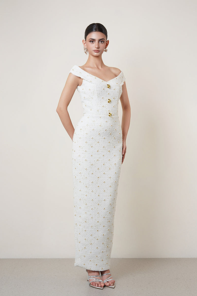 OFF-SHOULDER MIDI DRESS IN WHITE - CULT MIA